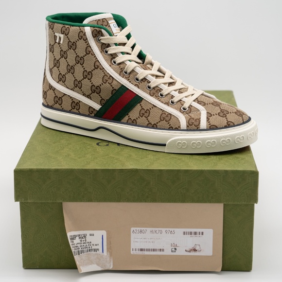 size 10.5G 11 US Gucci GG Canvas Tennis 1977 Beige Hight Top - Picture 13 of 14